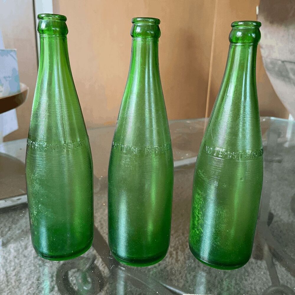 Set of 3 Vintage Cloverdale Green Glass Soda Bottles – Embossed Mid-Century